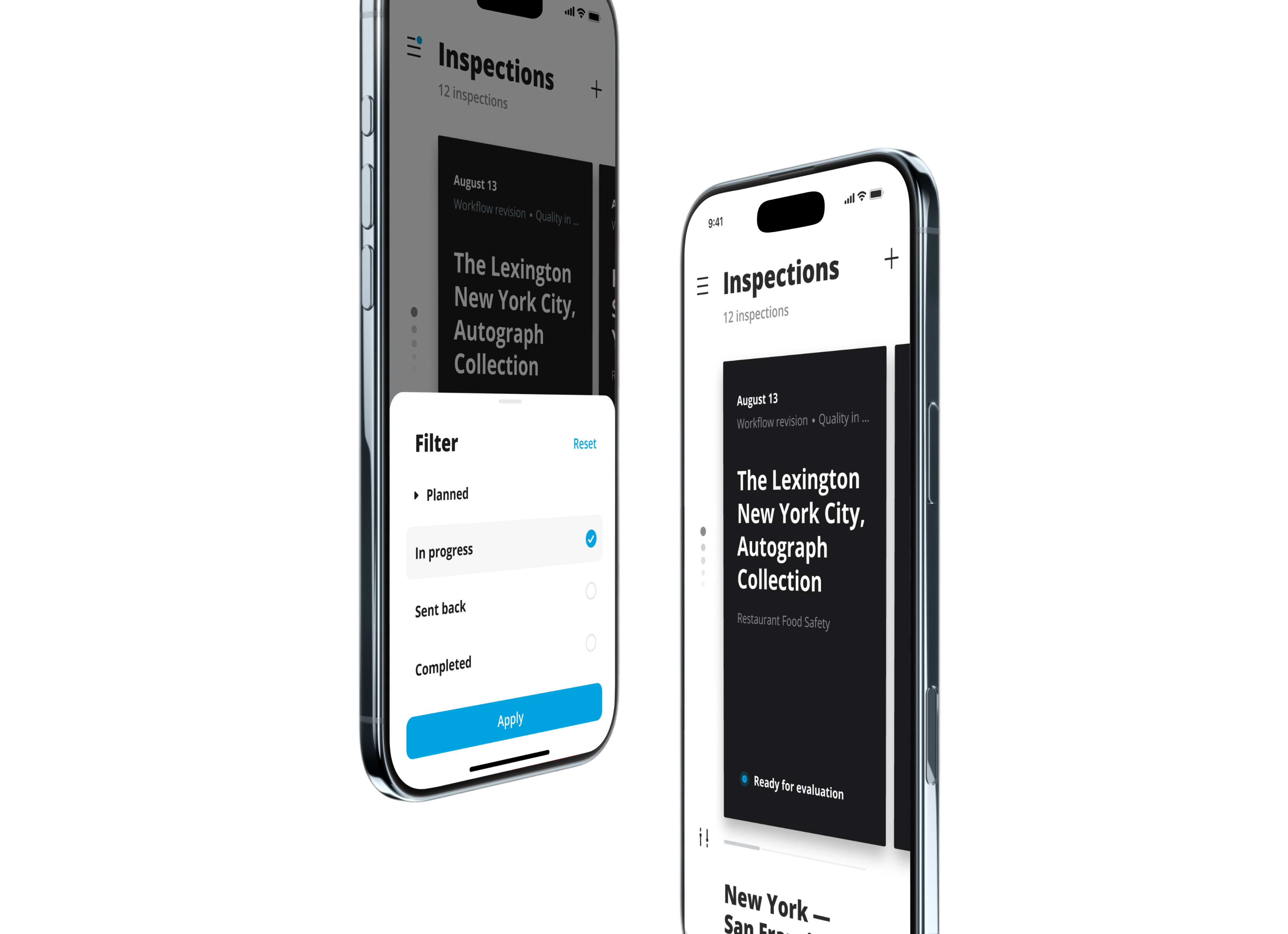 Mobile inspection app showing active inspections and filters for status tracking.