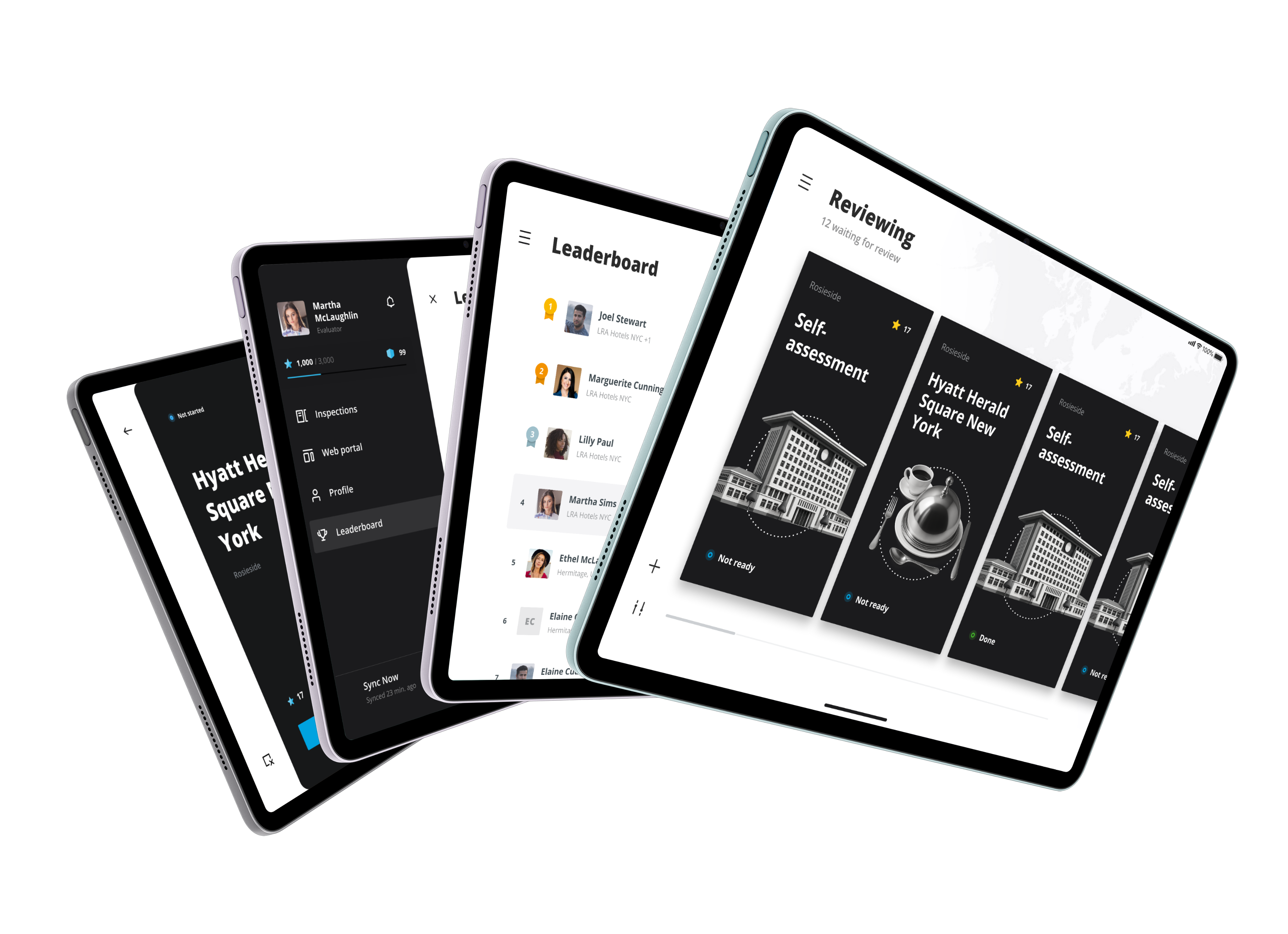 Tablet inspection system with leaderboard, review cards, and navigation panel.