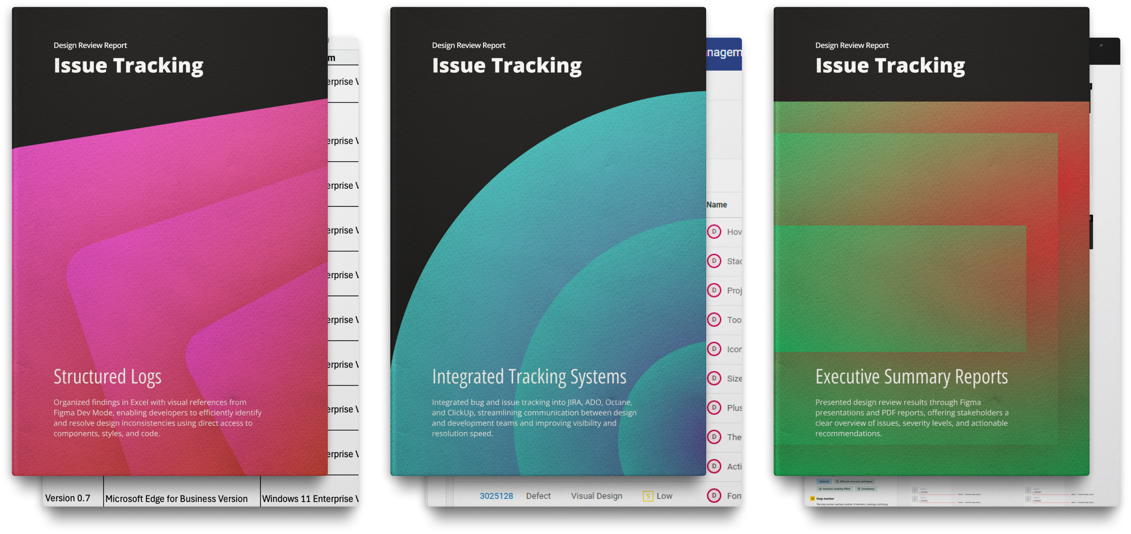 Three issue tracking report covers with gradient designs for logs, systems, and summaries.