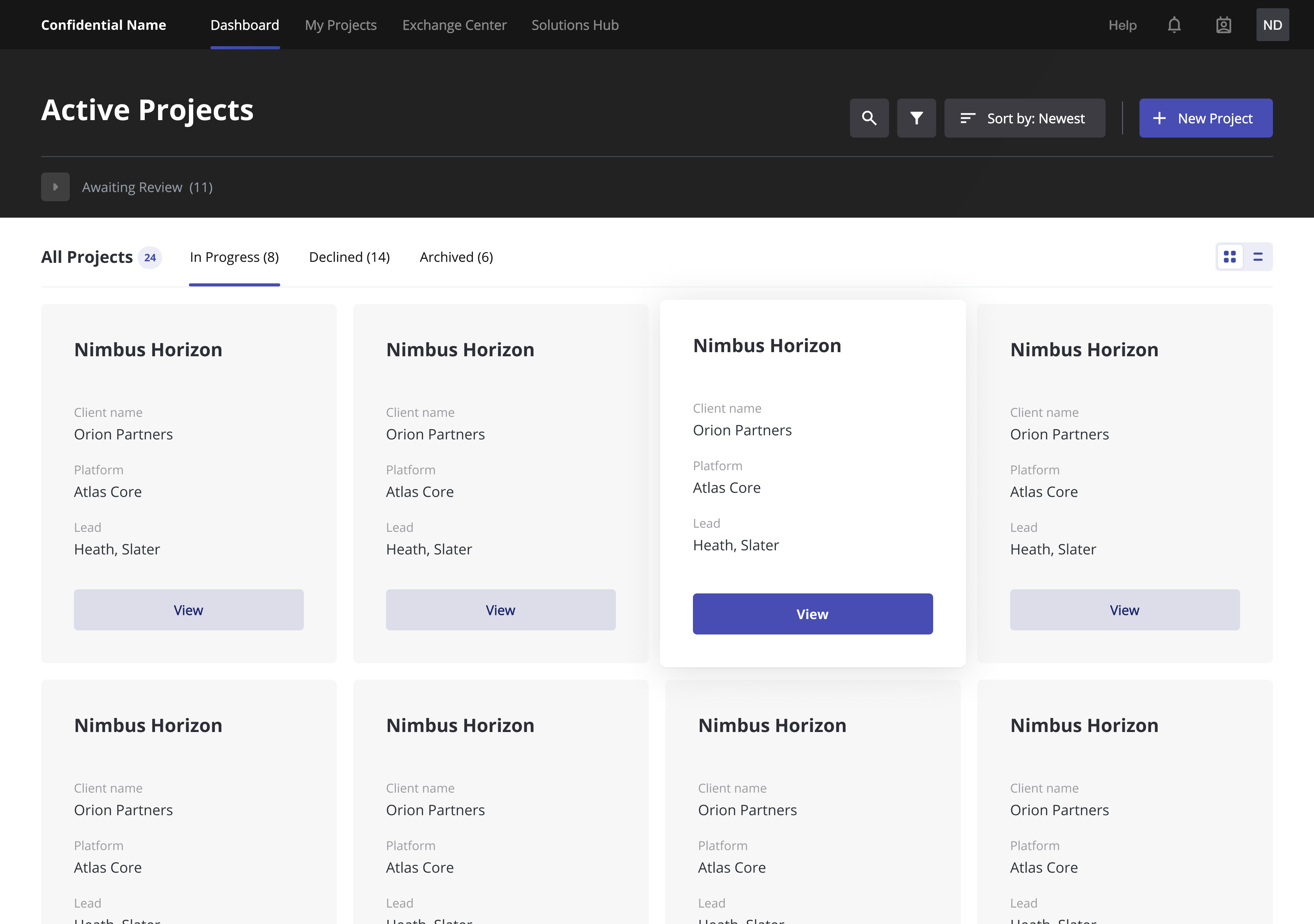 Enterprise project dashboard showing active project cards and status tabs for clear management.