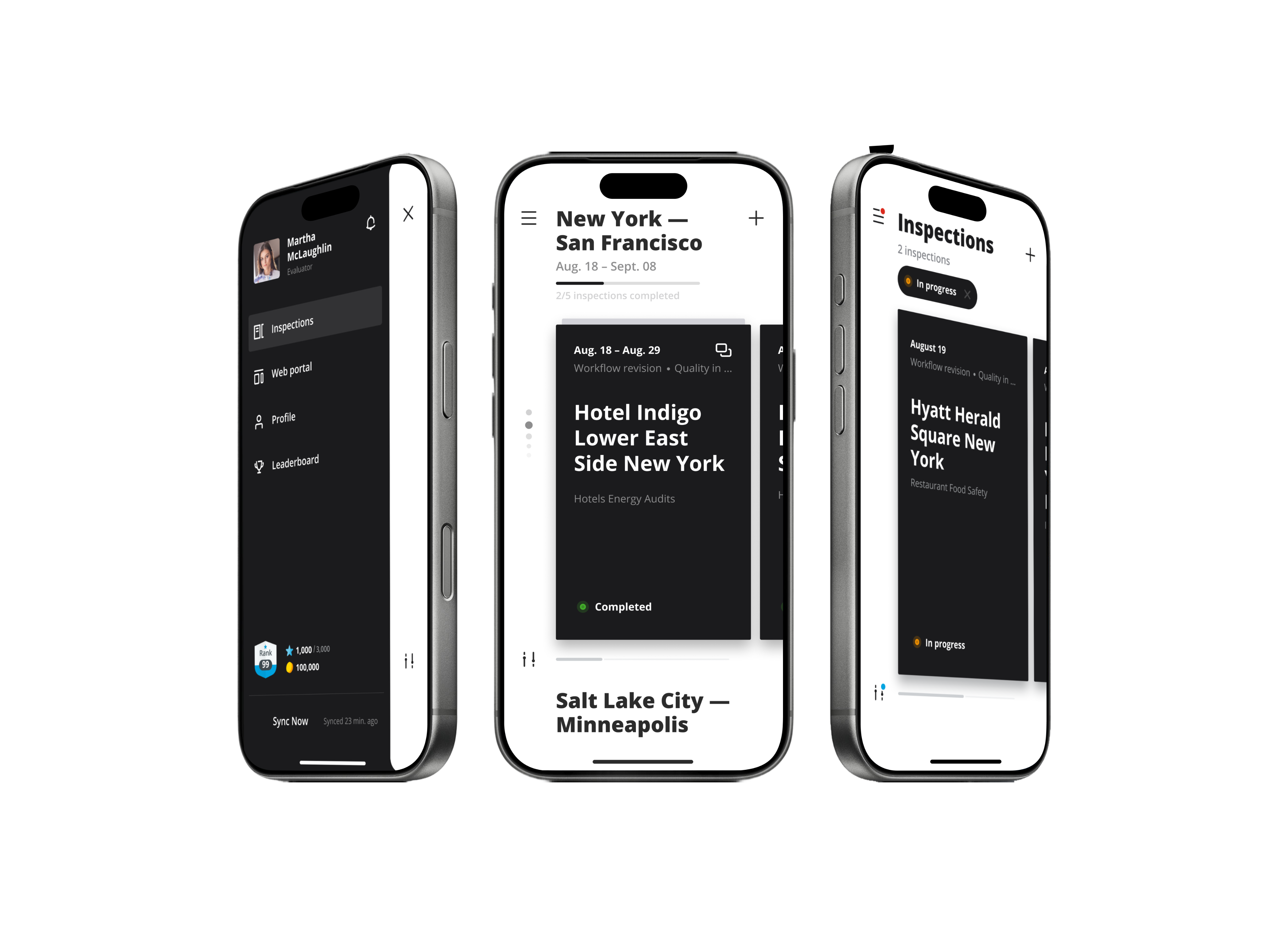Inspection app screens showing project lists, statuses, and a side navigation menu.