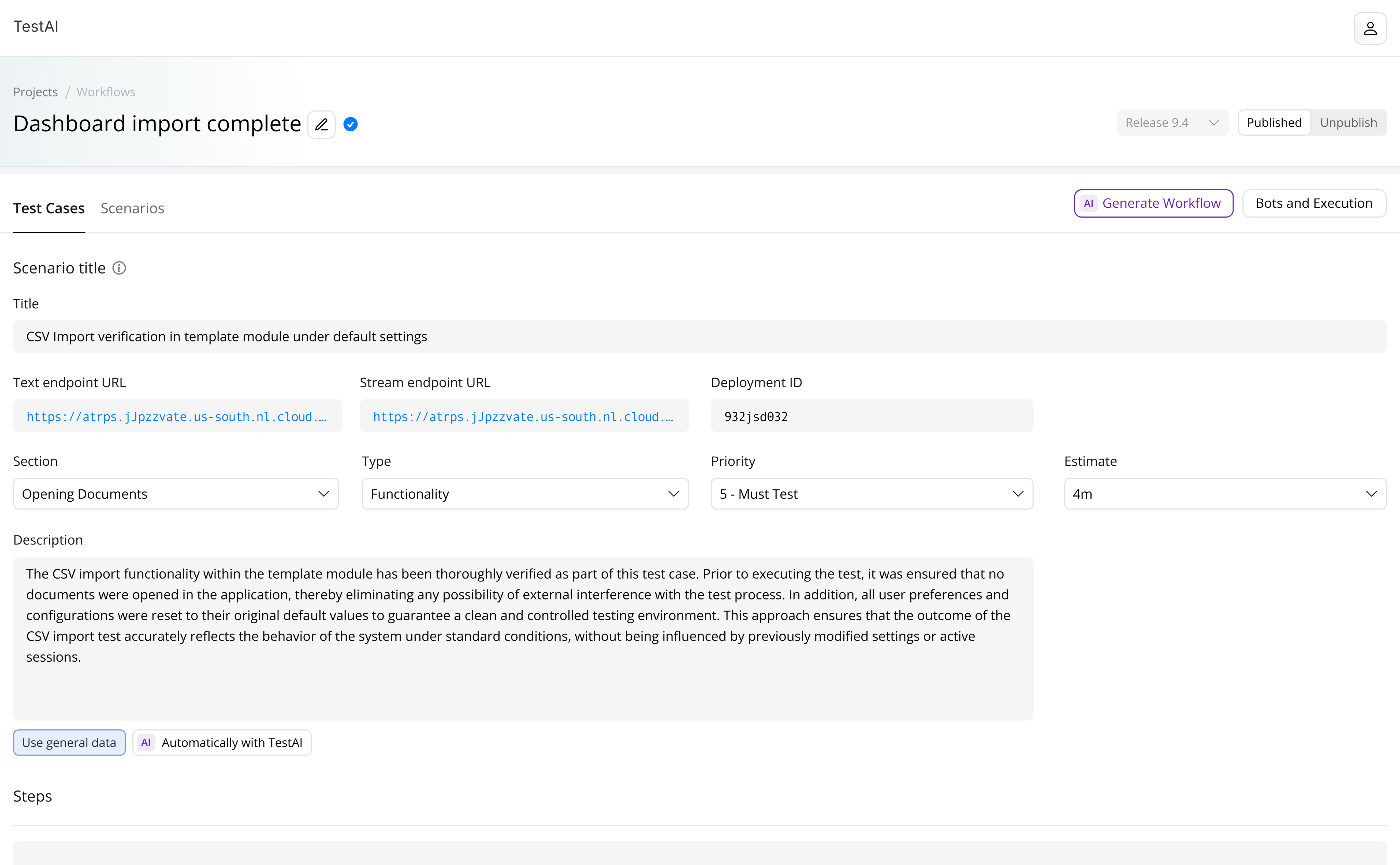 AI-assisted test interface showing CSV import workflow with project and automation details.