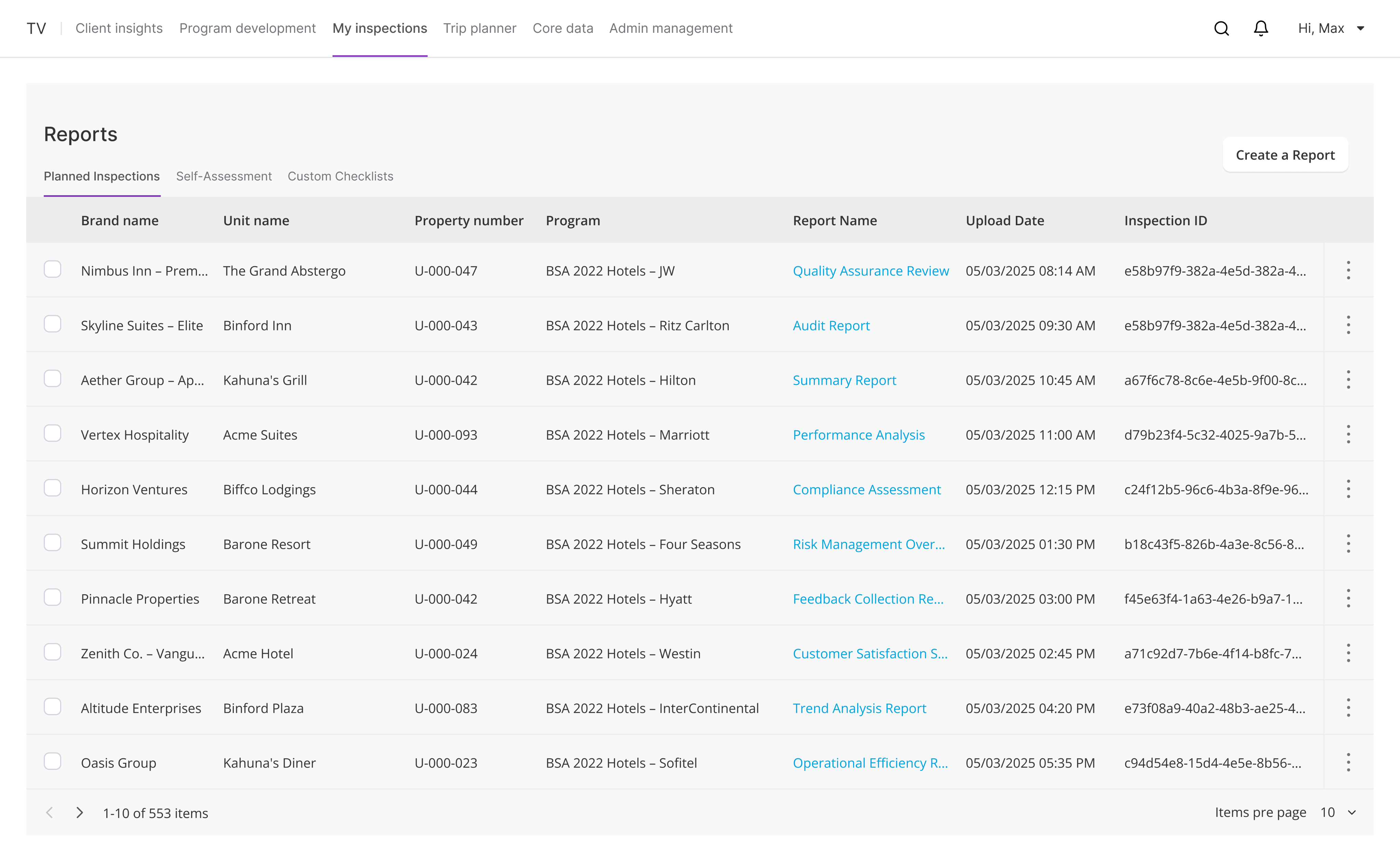 Inspection reports dashboard showing tabular report data and navigation filters.